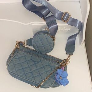 Elegant Blue Quilted Crossbody Bag with Floral Charm